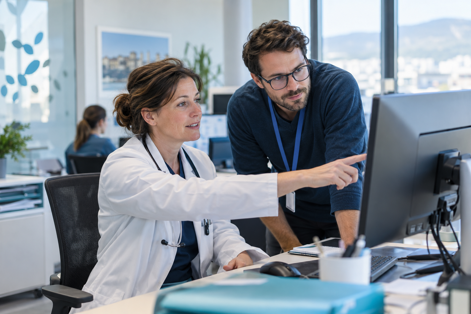Illustration d’une équipe hospitalière analysant ensemble un dossier à l’écran