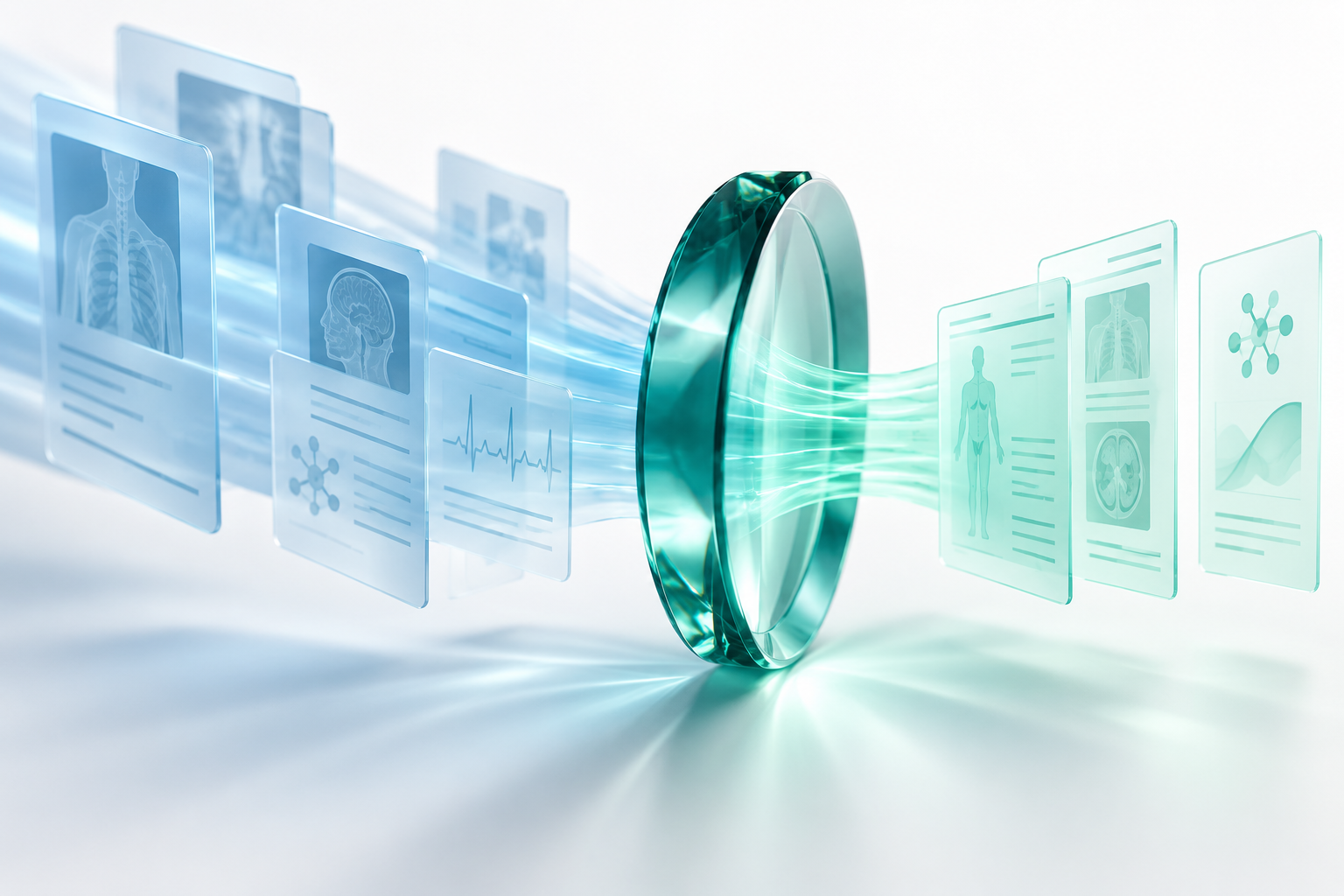 Illustration conceptuelle de documents médicaux analysés à travers une lentille transparente